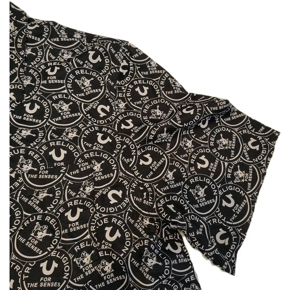 True Religion AOP Resort‎ Shirt Size M Jet Black All Over Logo NWT Mens A1